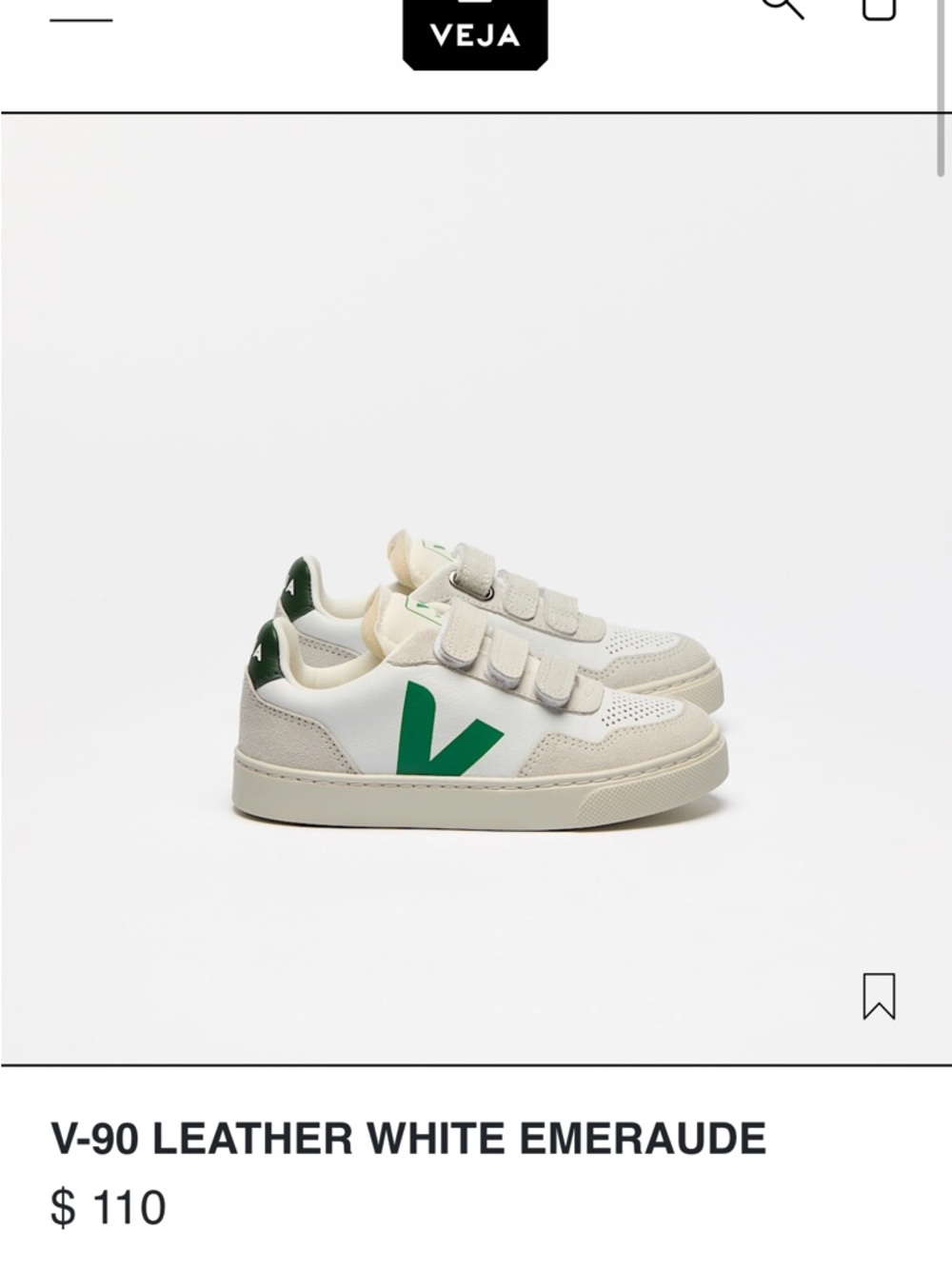 Veja Kids V-90 Sneakers in White & Emeraude